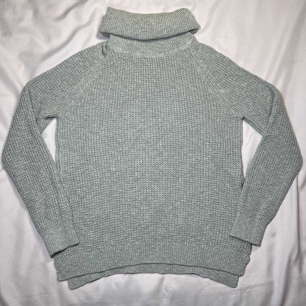 LL Bean Womens Chunky Knit Turtleneck Sweater Size S Teal Green 100% Cotton READ